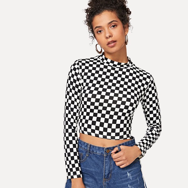 

Checkered Print Crop Tee, Black and white