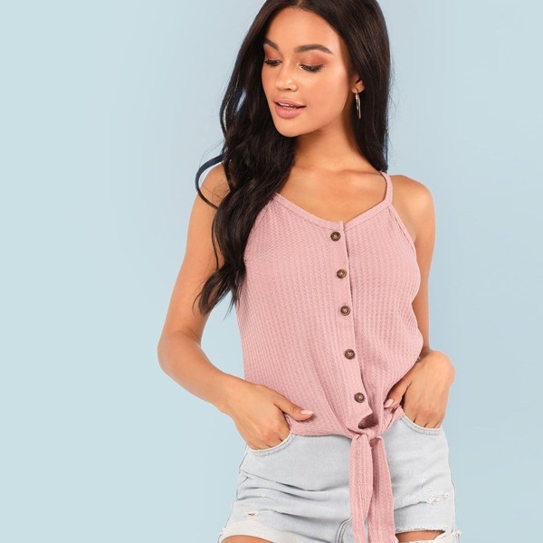 

Button Detail Knot Hem Top