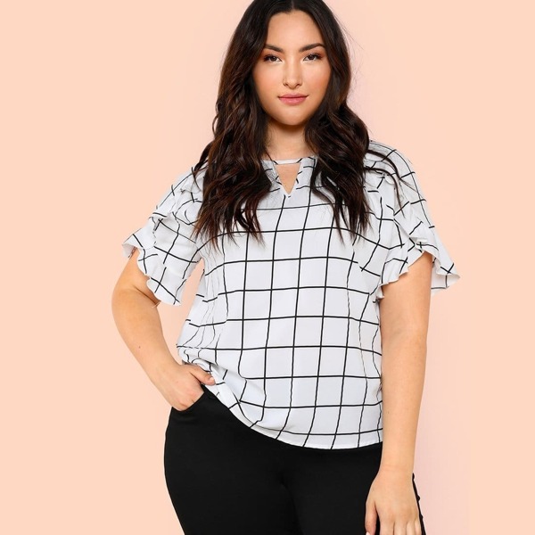 

Plus V Cut Neck Ruffle Cuff Grid Top
