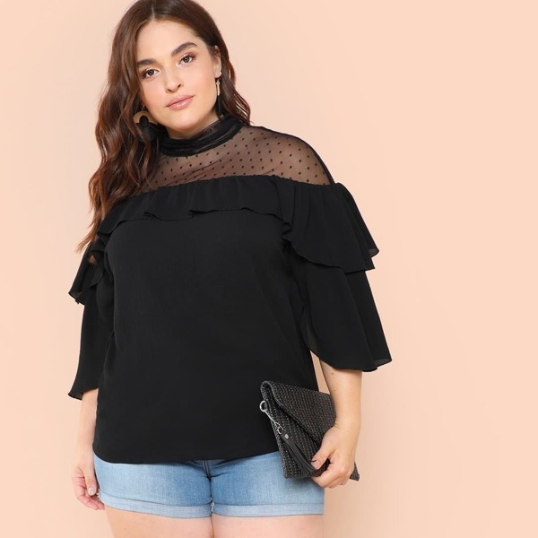 

Plus Mock Neck Dot Mesh Yoke Flounce Foldover Front Top