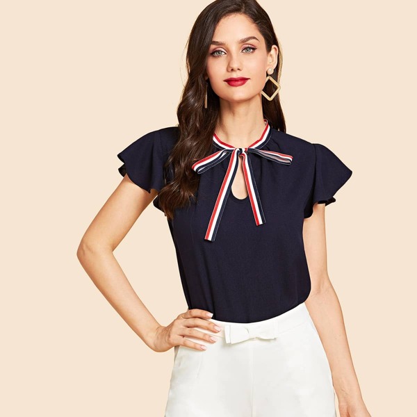 

Striped Tie Neck Cap Sleeve Top