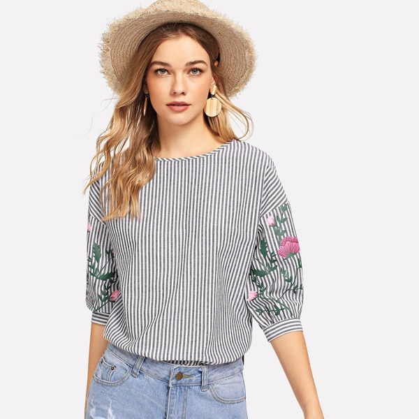 

Floral Lantern Sleeve Striped Top, Multicolor