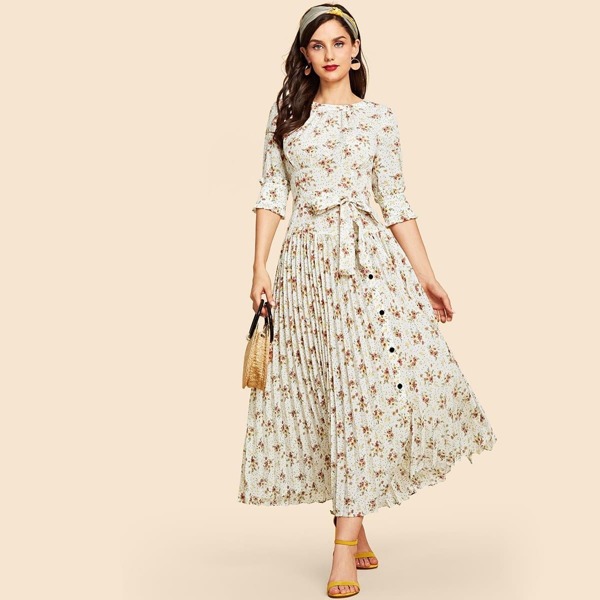 

Self Belted Floral Print Pleated Hem Dress