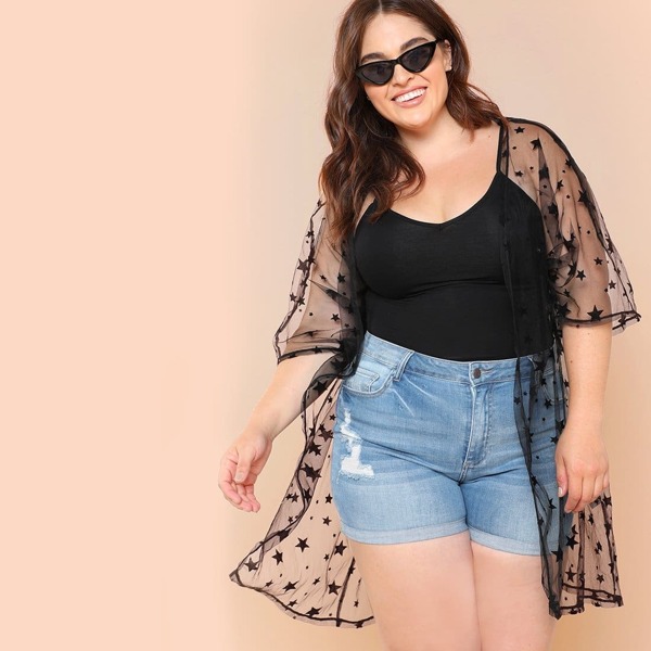 

Plus Allover Star Print Sheer Mesh Kimono
