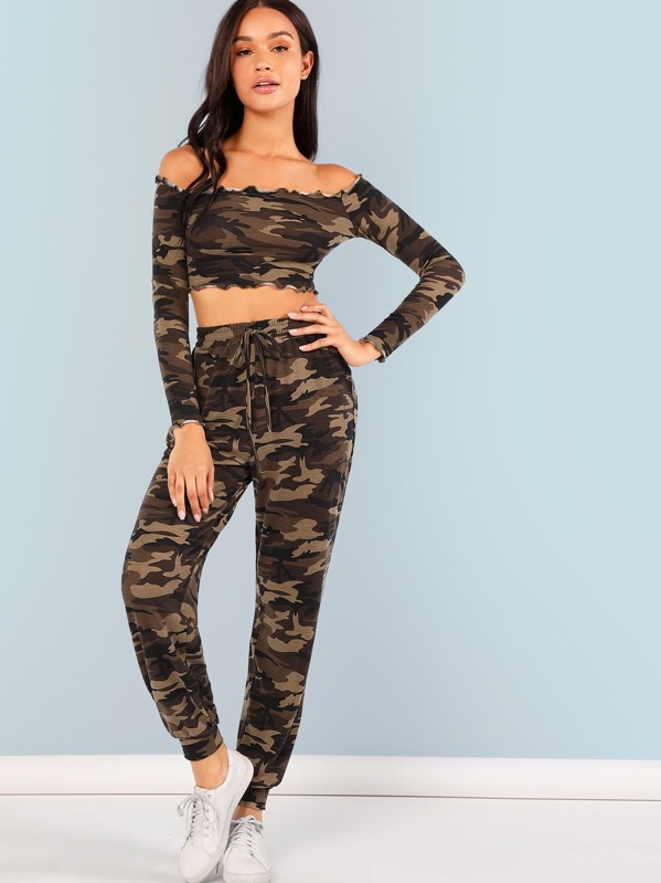 

Обрезка обрезки Camo Print Crop Top & Drawstring Штаны для талии Set, Lily Easton