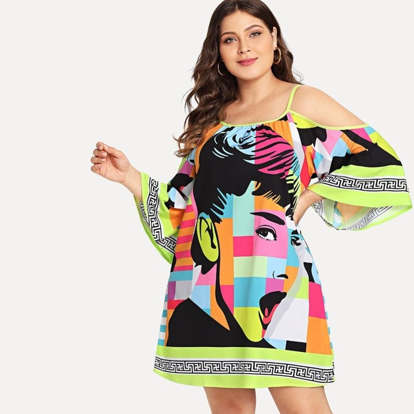 

Plus Cold Shoulder Figure Print Dress