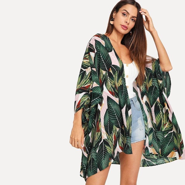

Jungle Leaf Print Batwing Sleeve Kimono, Multicolor