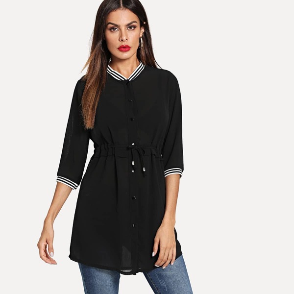 

Drawstring Waist Button Front Chiffon Blouse