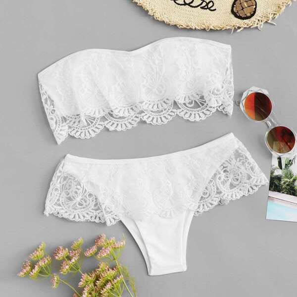 

Embroidered Mesh Ruffle Bikini Set, White