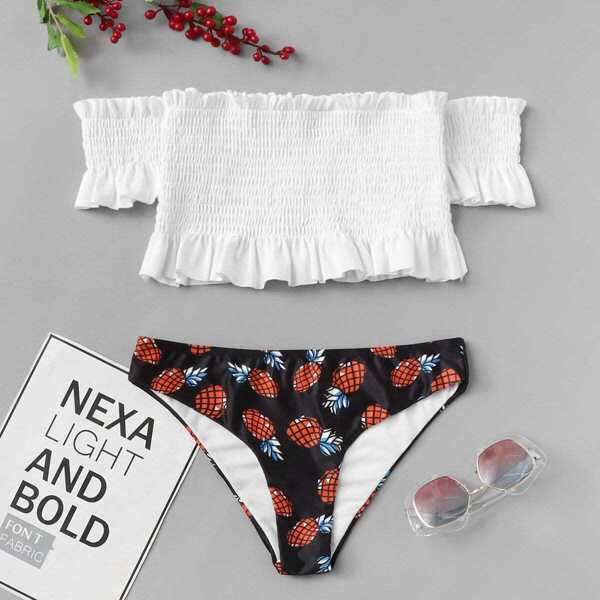 

Shirred Off The Shoulder Mix & Match Bikini Set