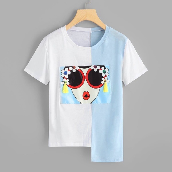 

Fringe Detail Asymmetric Hem T-shirt, Multicolor