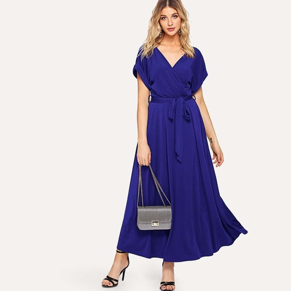 

Rolled Sleeve Self Belted Surplice Dress