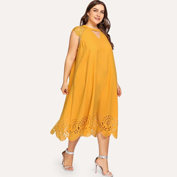 

Plus Lace Contrast Cutout Shell Dress, Yellow