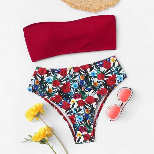 

Bandeau With Floral Print High Waist Bikini Set