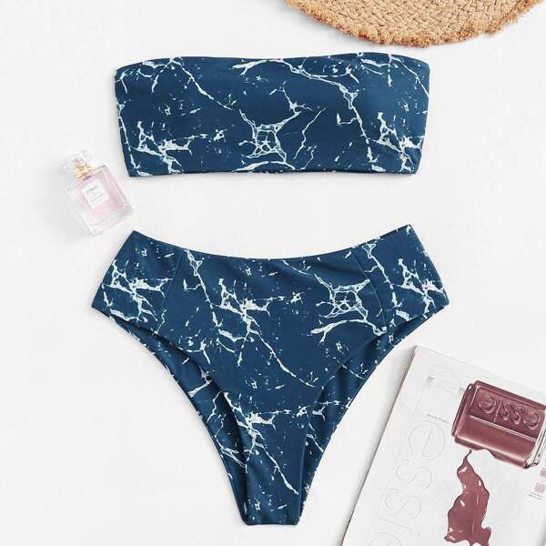 

Marble Pattern Bandeau With High Waist Bikini, Multicolor