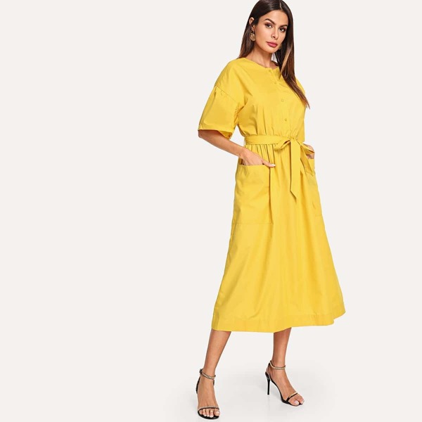 

Button Front Pocket Patch Self Belted Dress, Yellow