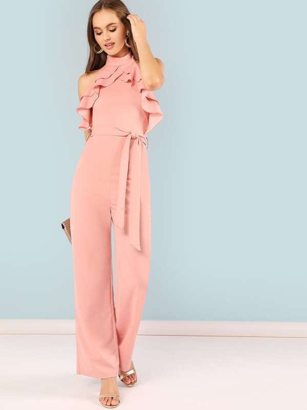 

Mock Neck Layered Ruffle Trim Поясный комбинезон, Lily Easton