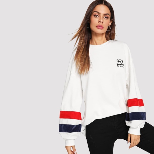 

Zip Side Striped Sleeve Sweatshirt, White