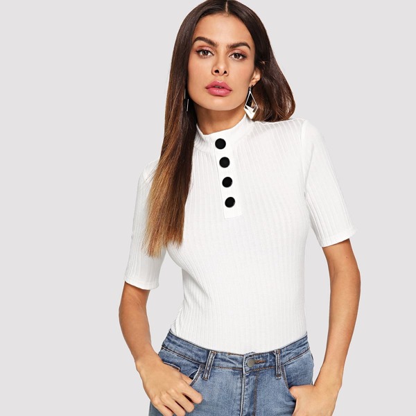 

Button Front Ribbed Mock Tee
