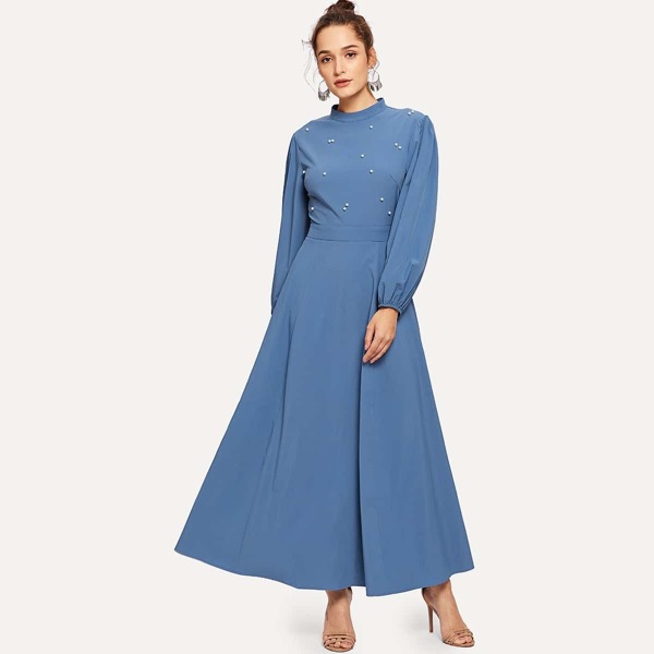 

Mock Neck Pearl Embellished Open Back Maxi Dress, Blue