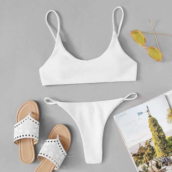 

Double Scoop Top With Textured Bikini Set, White