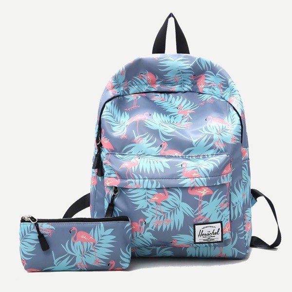 

Flamingo Print Backpack With Clutch Bag, Blue
