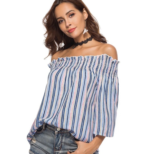 

Off Shoulder Frill Trim Striped Blouse