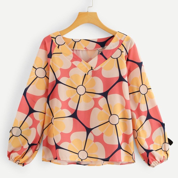 

Graphic Print Drawstring Sleeve Blouse