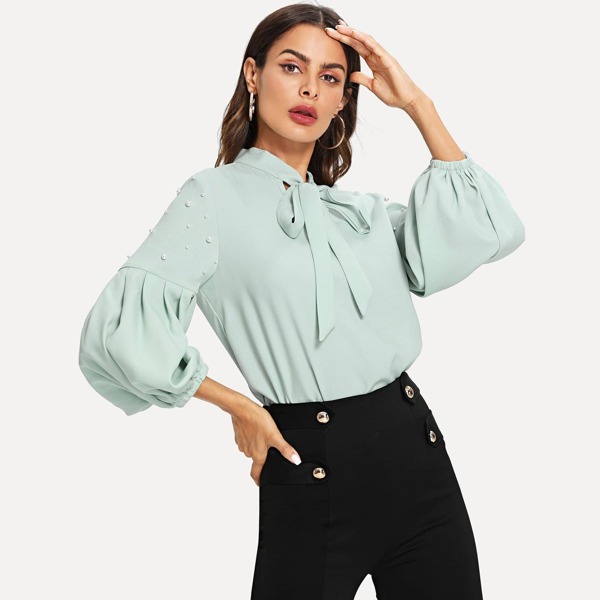 

Tie Neck Pearls Beaded Bishop Sleeve Top