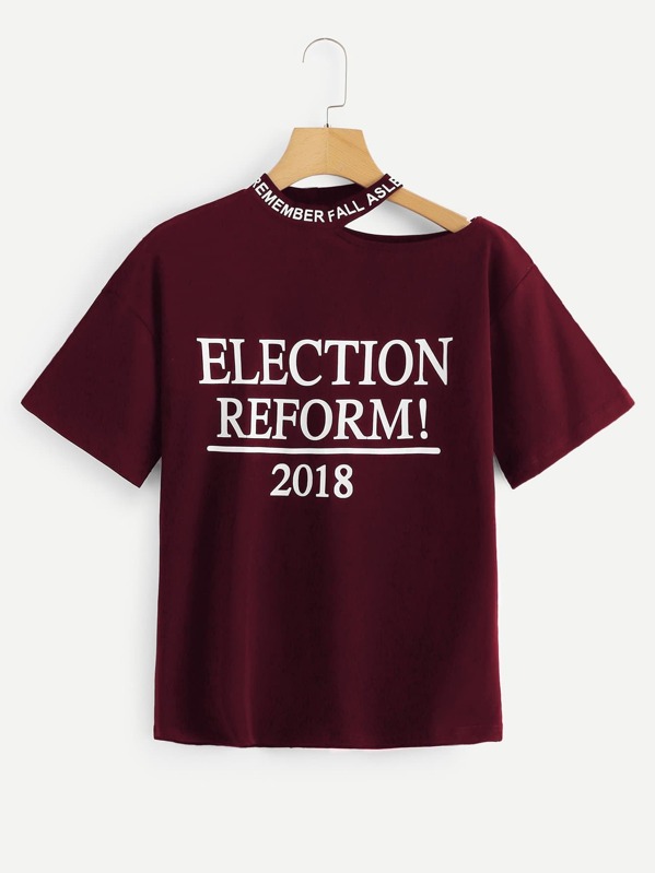 

Cut Out Neck Letter Print Tee, Burgundy