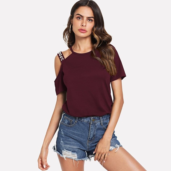 

Pearl Beading Cold Shoulder T-shirt