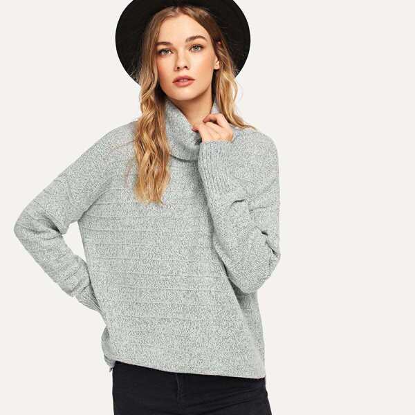 

Rolled Neck Slit Hem Heathered Sweater, Grey