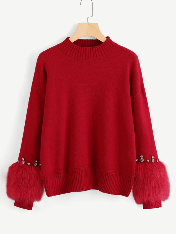 

Фальшивый меховой манжеты Rhinestone Embellished Sweater, null