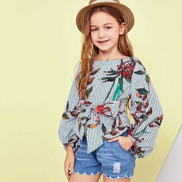 

Girls Tie Waist Zip Back Floral Print Top