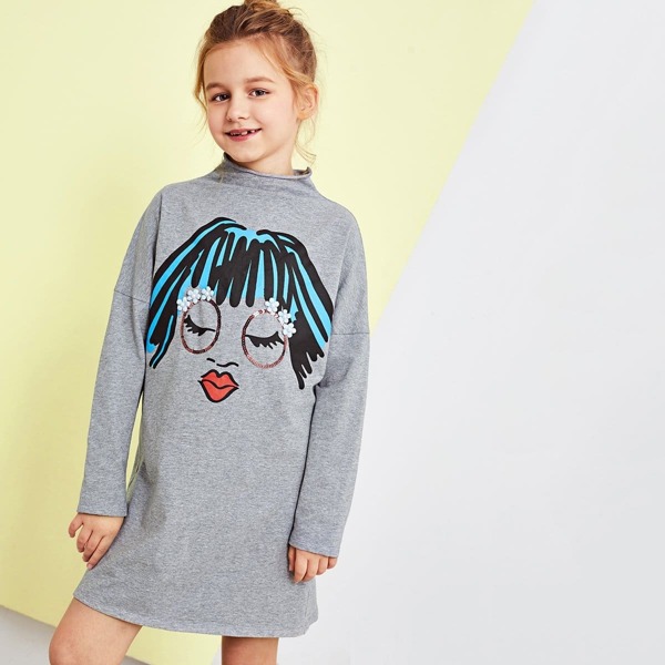 

Girls Figure Print with Beaded Detail Mock Dress