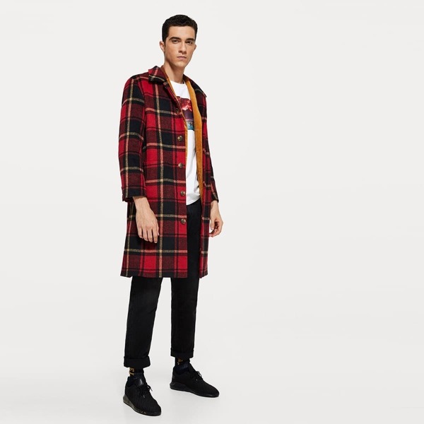 

Men Button Up Plaid Print Coat