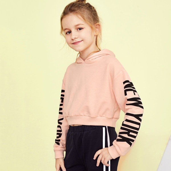 

Girls Letter Sleeve Hoodie Sweatshirt, Pink