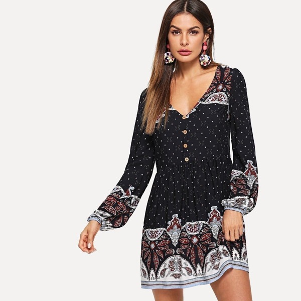 

Paisley Print Half Placket Smock Dress