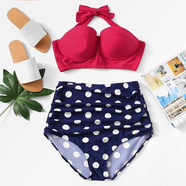 

Plus Halter Top With Polka Dot Ruched Bikini Set, Multicolor