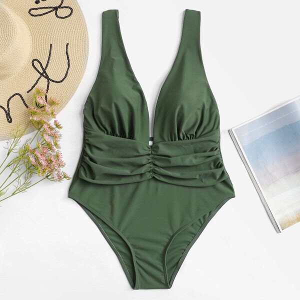 

Ruched Plunge Neckline One Piece Swimsuit