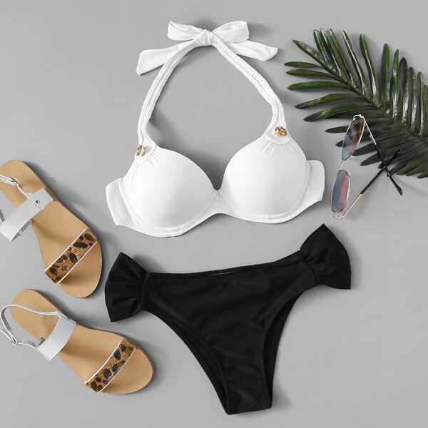 

Braided Halter Top With Seam Trim Bikini Set