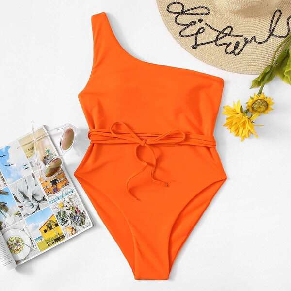 

One Shoulder Belted One Piece Swimsuit