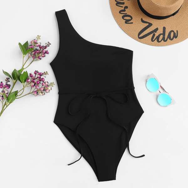 

One Shoulder Belted One Piece Swimsuit