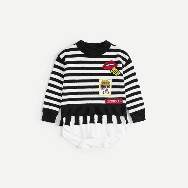 

Girls Patch Detail 2 in 1 Striped Jumper, Black and white