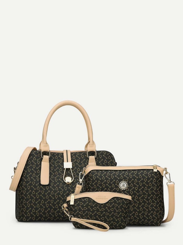 

Fish Bone Print Grab Bag 3pcs, Black
