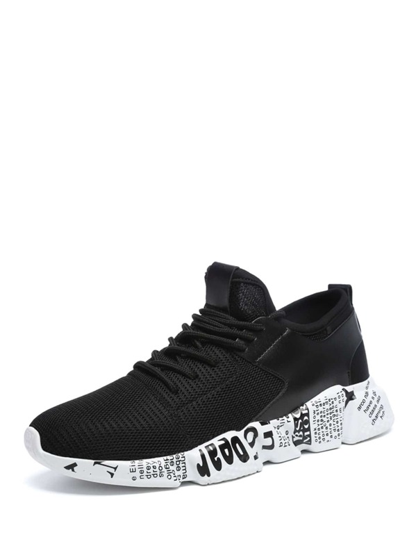 

Men Slogan Print Sole Sneakers, Black