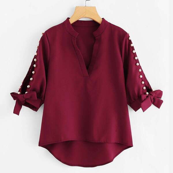 

Plus V Neckline Pearl Beaded Dip Hem Blouse