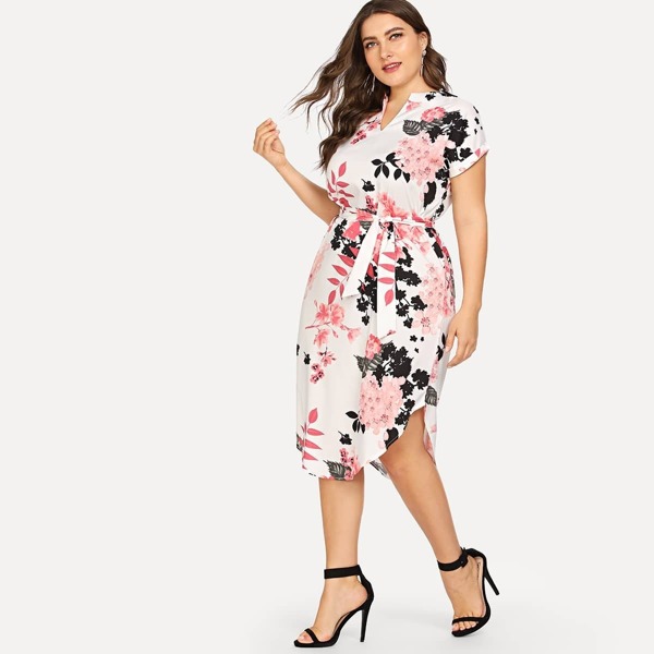 

Plus Self Tie Waist Curved Hem Dress, White