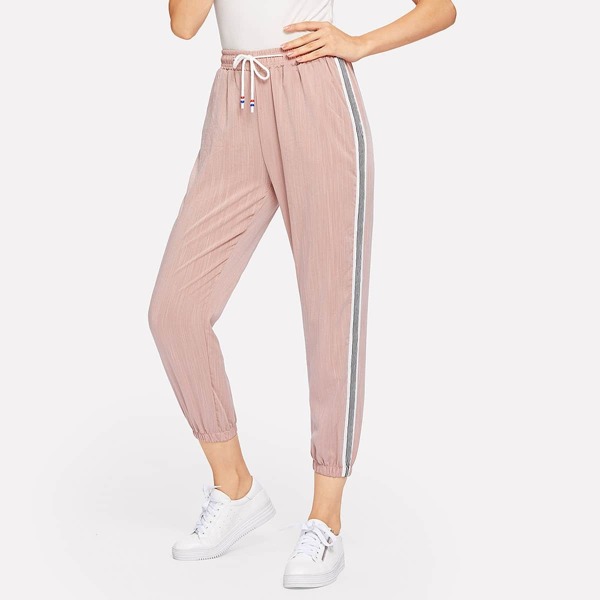 

Striped Side Drawstring Waist Pants, Baby pink