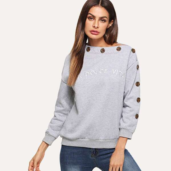 

Letter Print Button Detail Sweatshirt